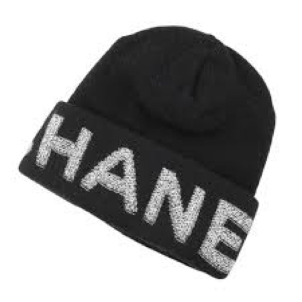 CHANEL Black Knit Hat with Silver Lettering